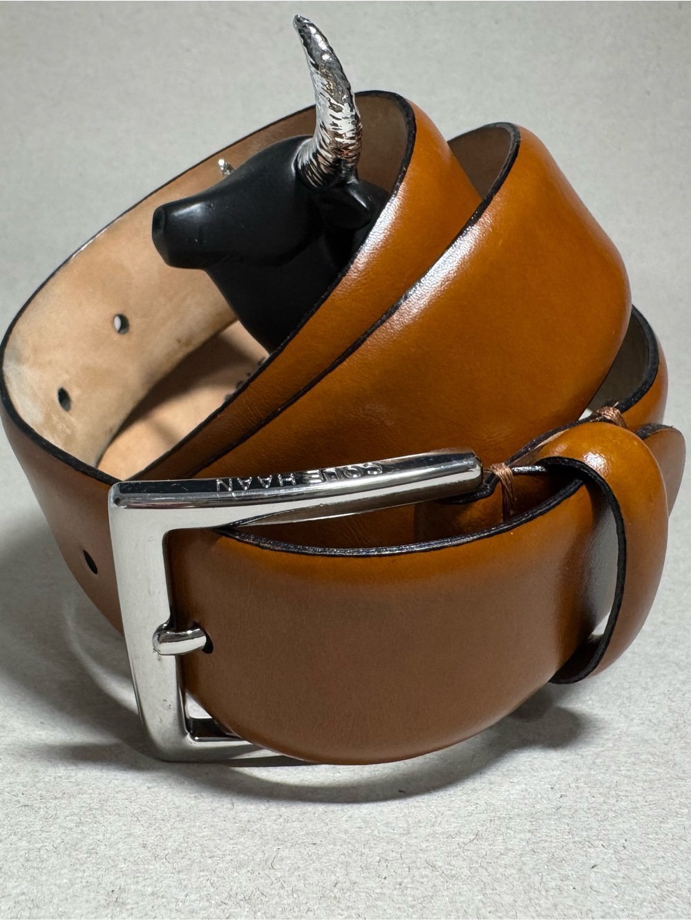 Cole Haan Men’s Cognac Leather Belt with Silver Buckle